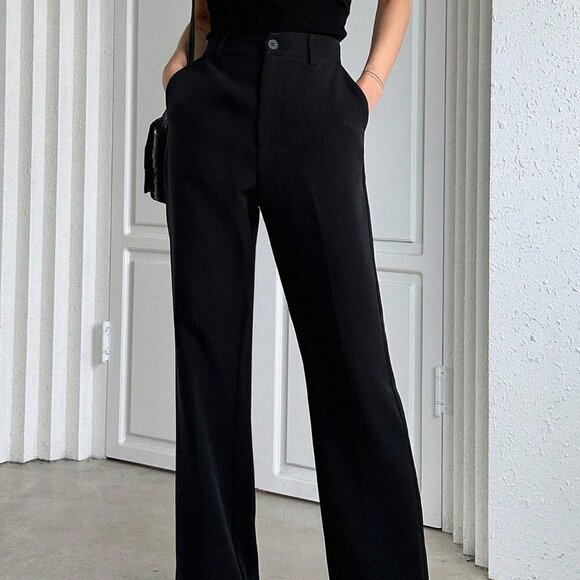 Black Elegant Women's Straight Leg Business Pants - Picture 2 of 8